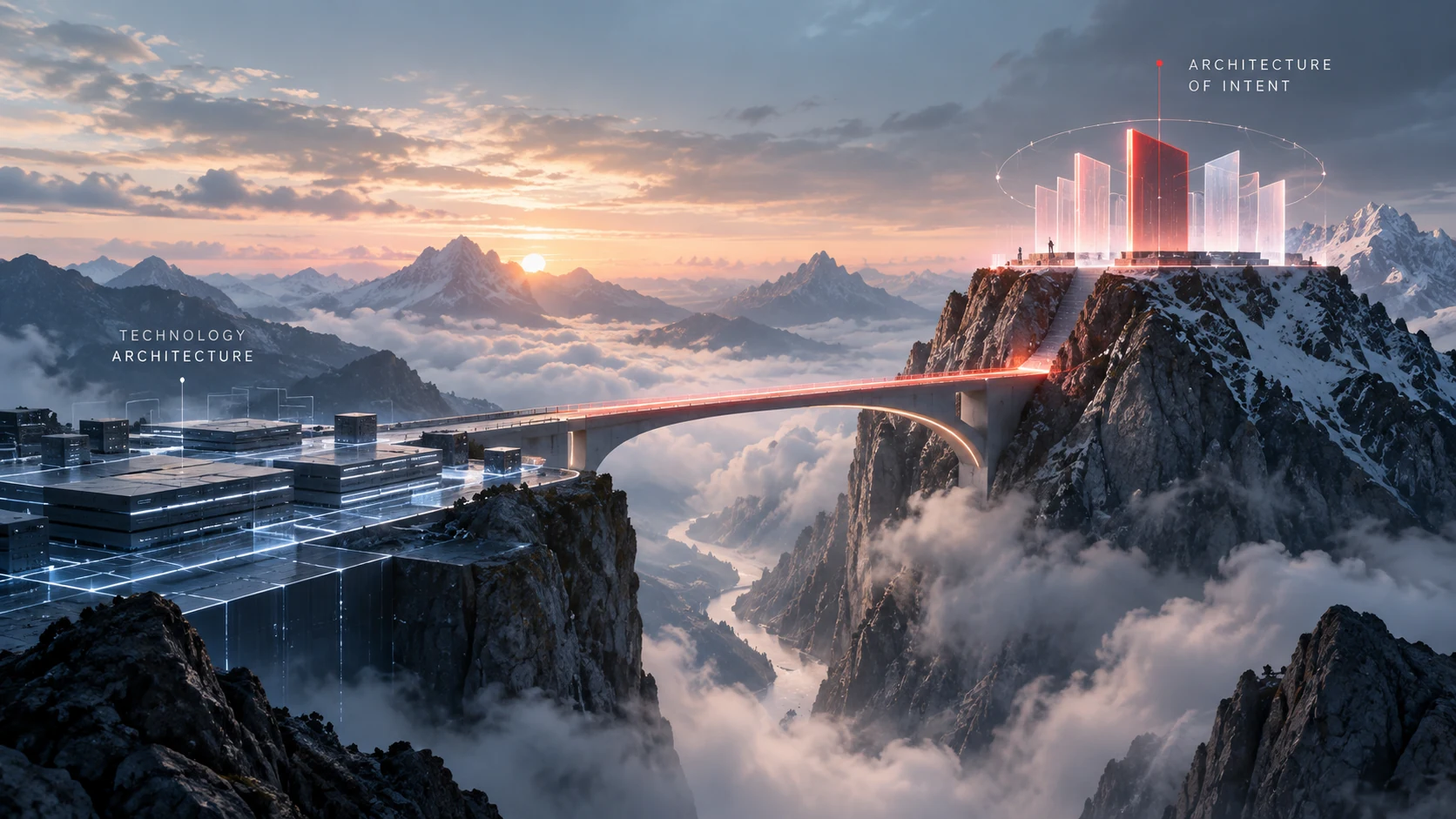 A conceptual bridge connecting technology architecture to an illuminated architecture of intent across a mountain landscape.