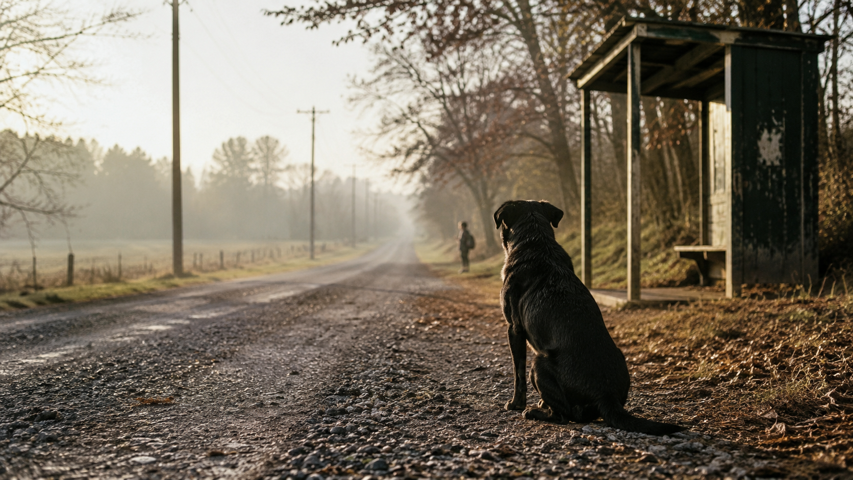 Interpretive illustration of Blackie waiting beside a gravel road near a school bus