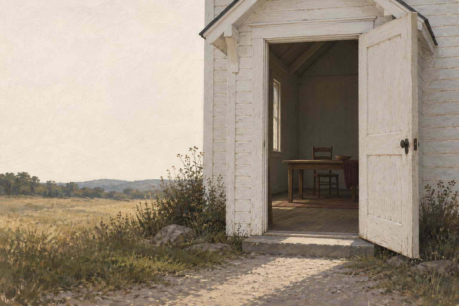 Conceptual illustration of an unmarked rural church doorway standing open, with an empty chair beside a wooden table inside.