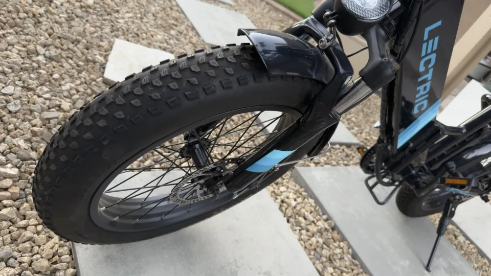 Close view of the front tire tread on the Lectric XP Step-Thru 2.0